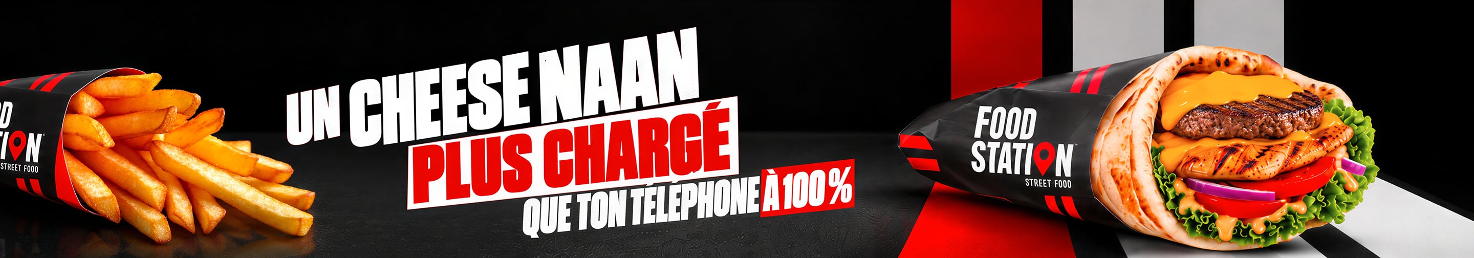 Un cheese naan plus chargé que ton téléphone à 100 %. Des frites et un naan Food Station.