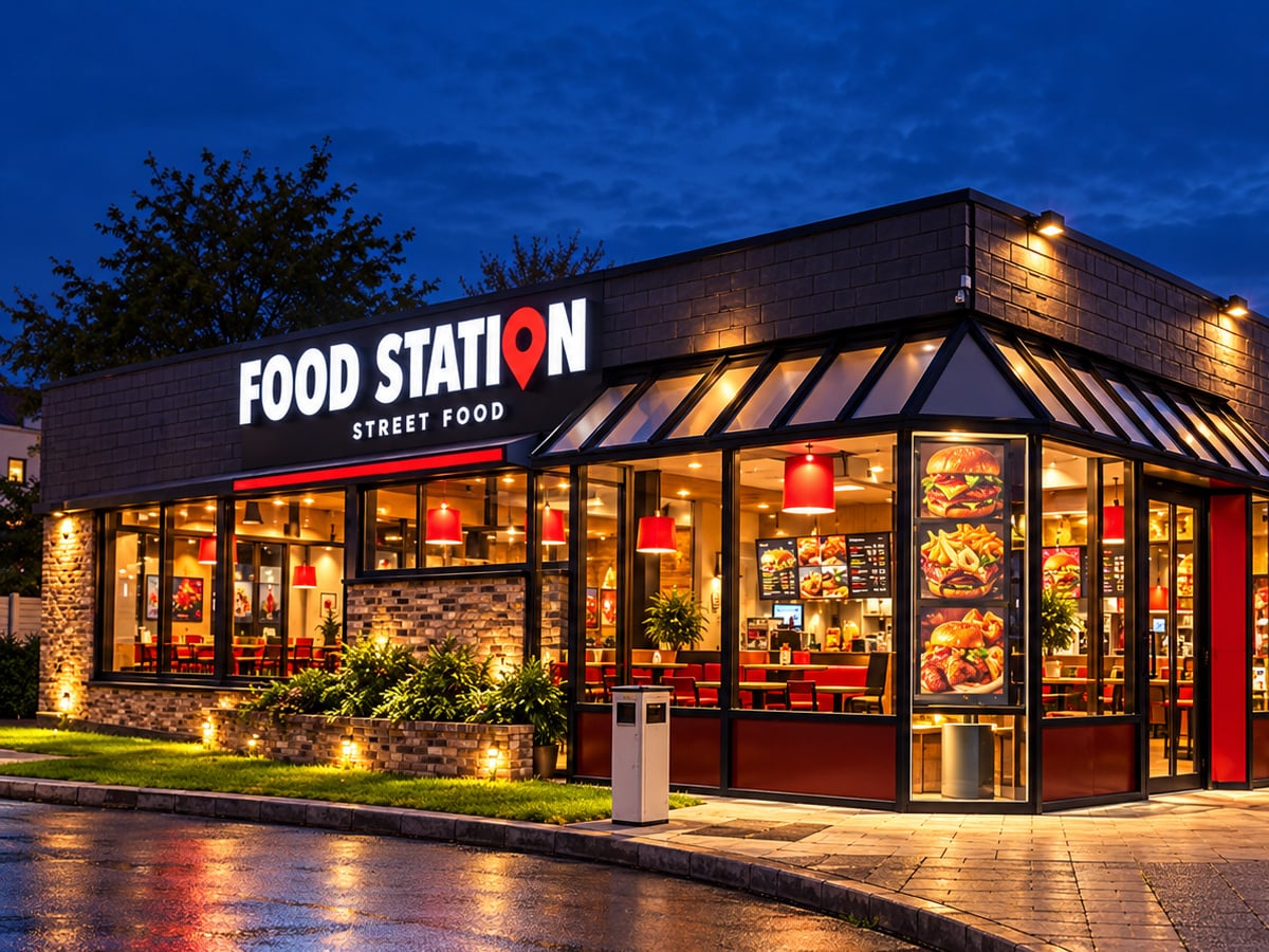 Une station Food Station éclairée le soir, enseigne allumée.
