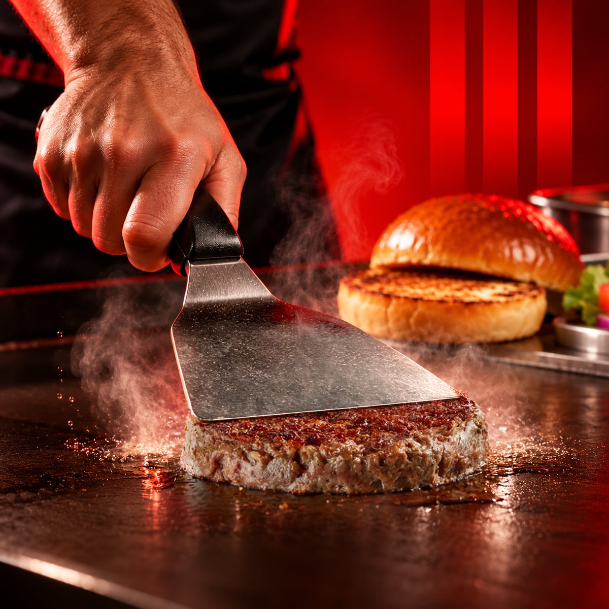 Un steak smashé sur la plaque à la spatule, le pain brioché à côté.